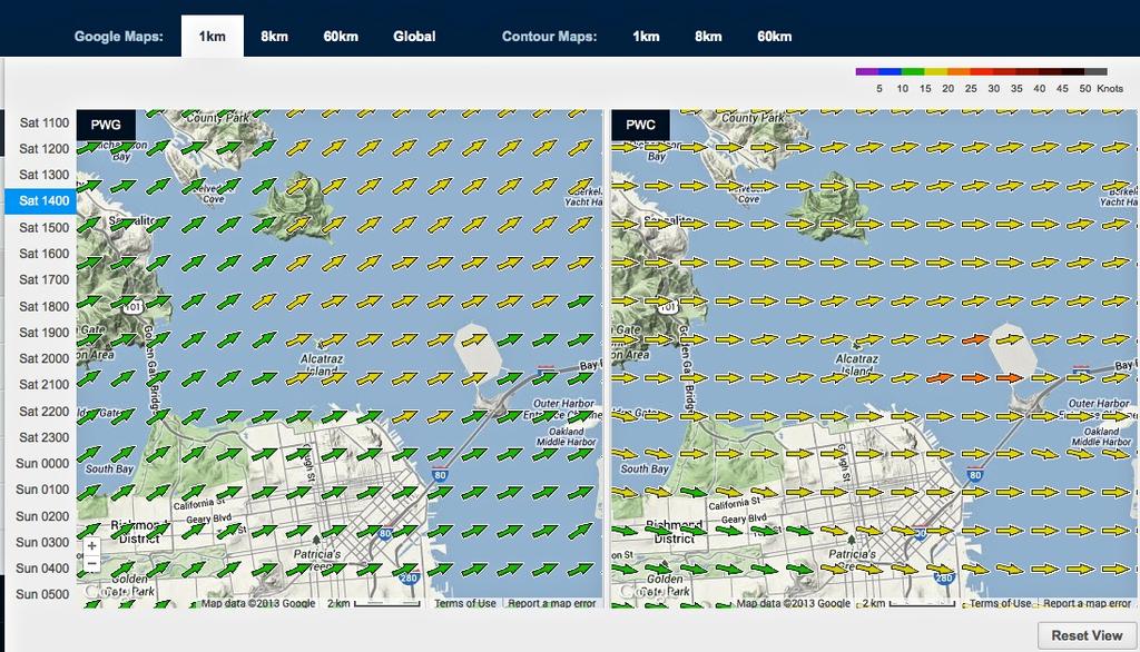 Wind map for September 21, 2013 San Francisco at 1415hrs - Start of Race 15. the left panel shows the wind still blowing across the course. © PredictWind.com www.predictwind.com